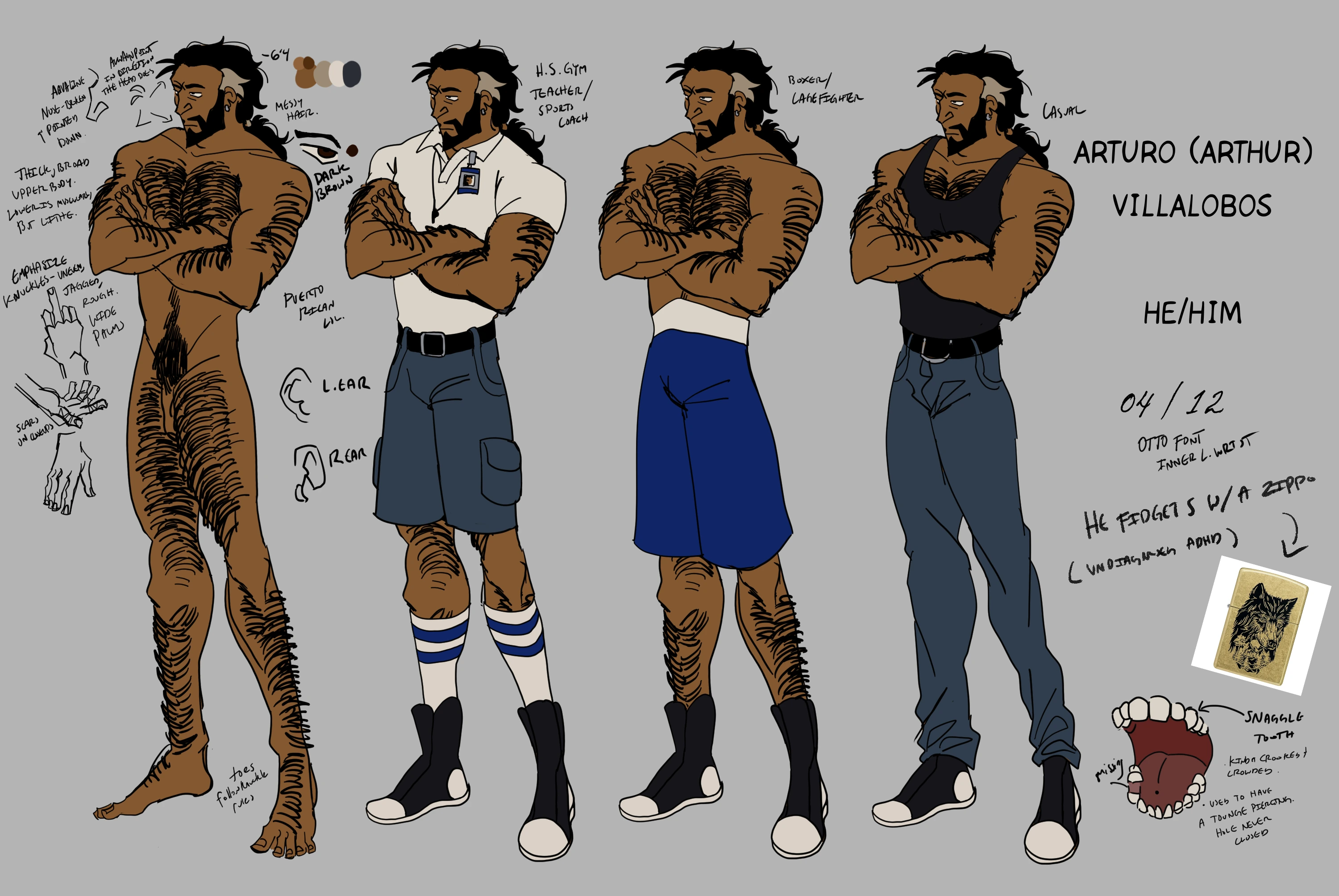 A reference sheet of a tall, tan, strong man with grey streaked black hair, and a moody expression.